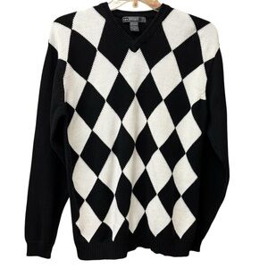 Retrofit black and white argyle v neck sweater, men's XL